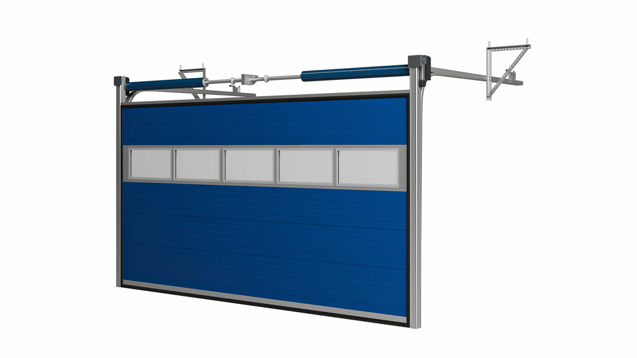 Brama Garażowa Segmentowa Przemysłowa Niebieska Sekcja Przeszklona Woster Solid